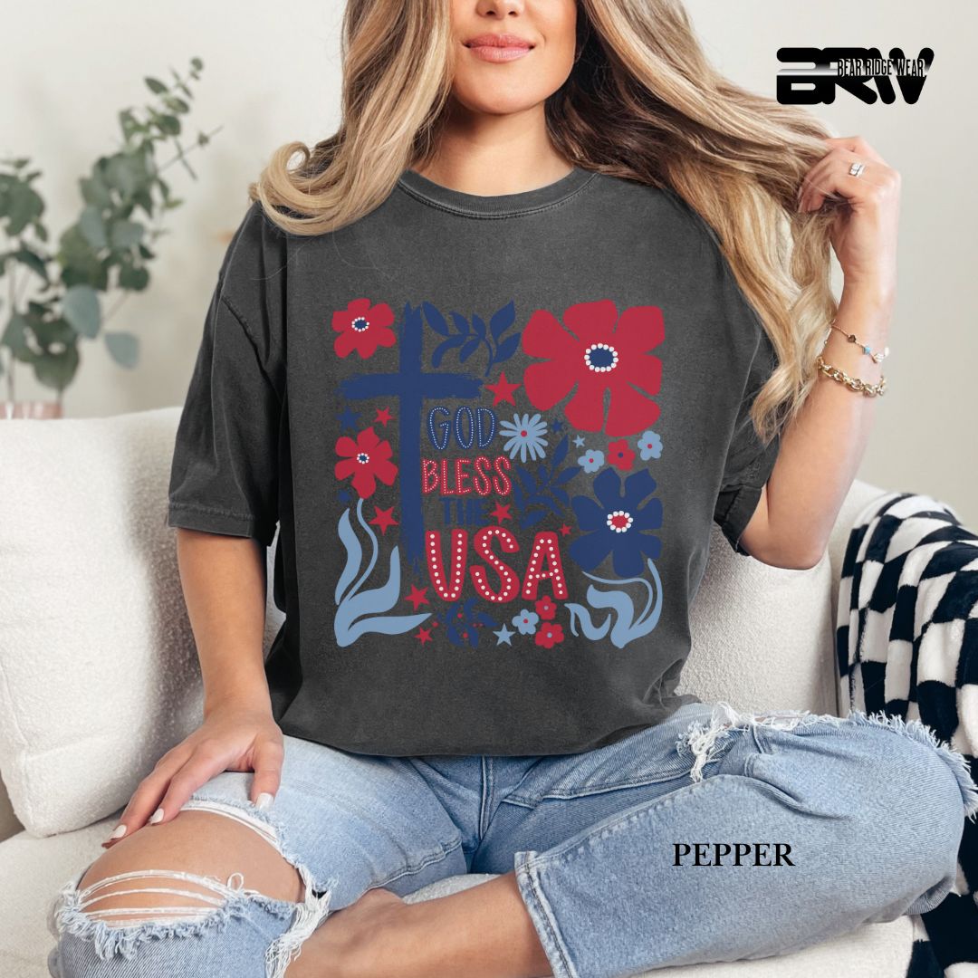 God Bless The USA-Cross Flowers- Patriotic Tee