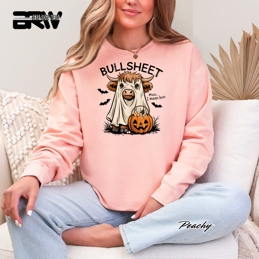 Person wearing a pink sweatshirt with a cow graphic and 'BULLSHEET' text, sitting on a couch.