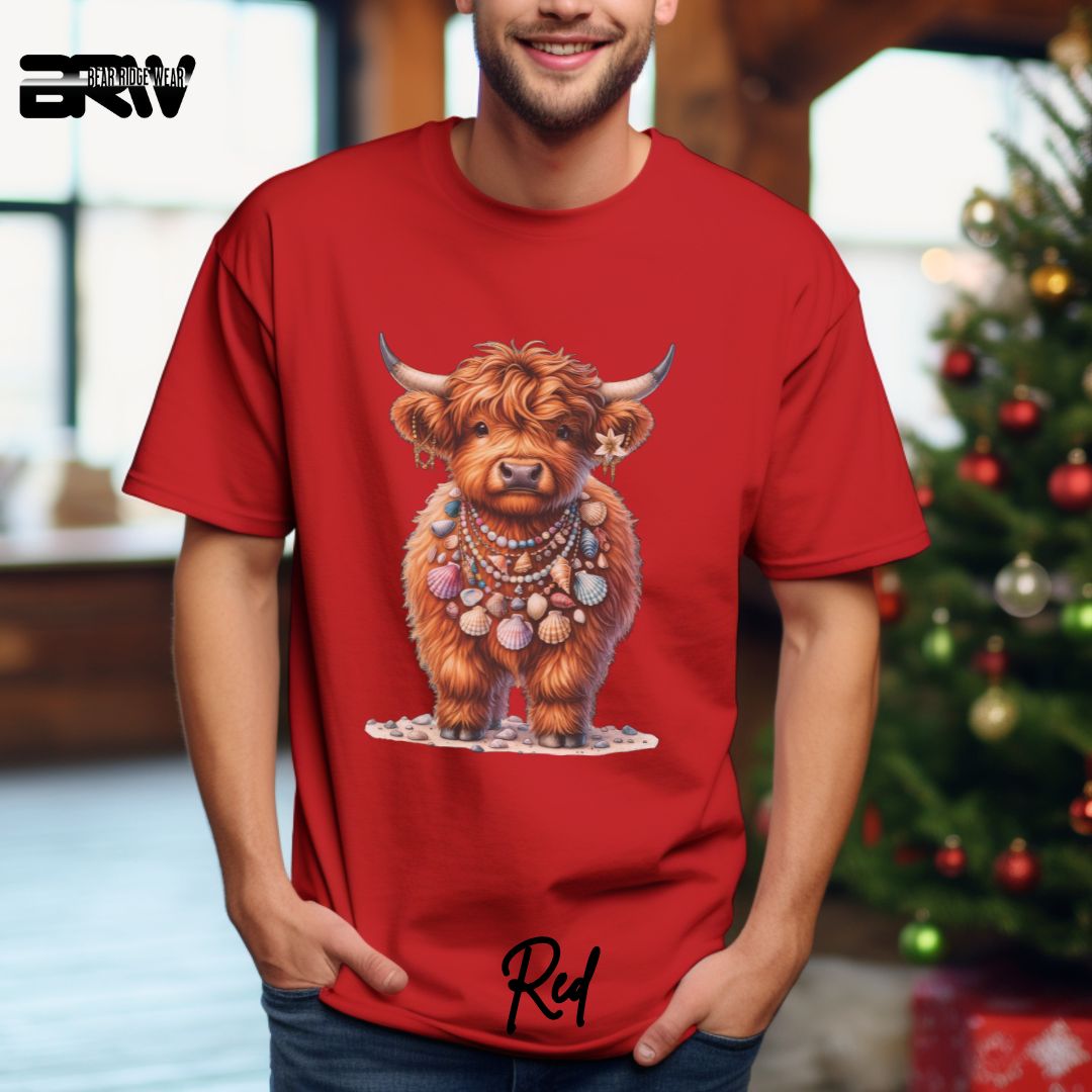 'Highland Cow-Lei Sea Shells' Summer T- Shirt