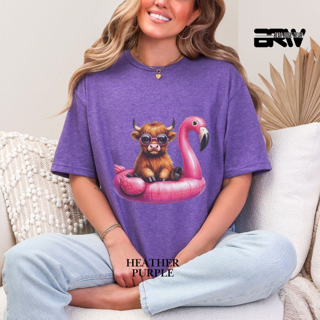 'Highland Cow- Flamingo Float' 2 Summer Tee