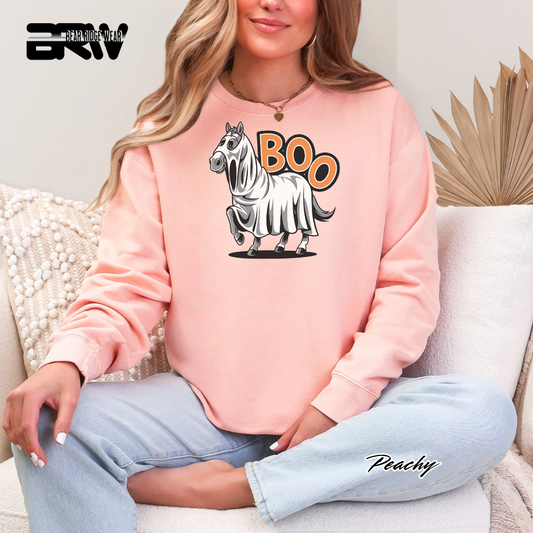 Person wearing a pink sweatshirt with a HORSE graphic and 'BOO' text, sitting on a couch.