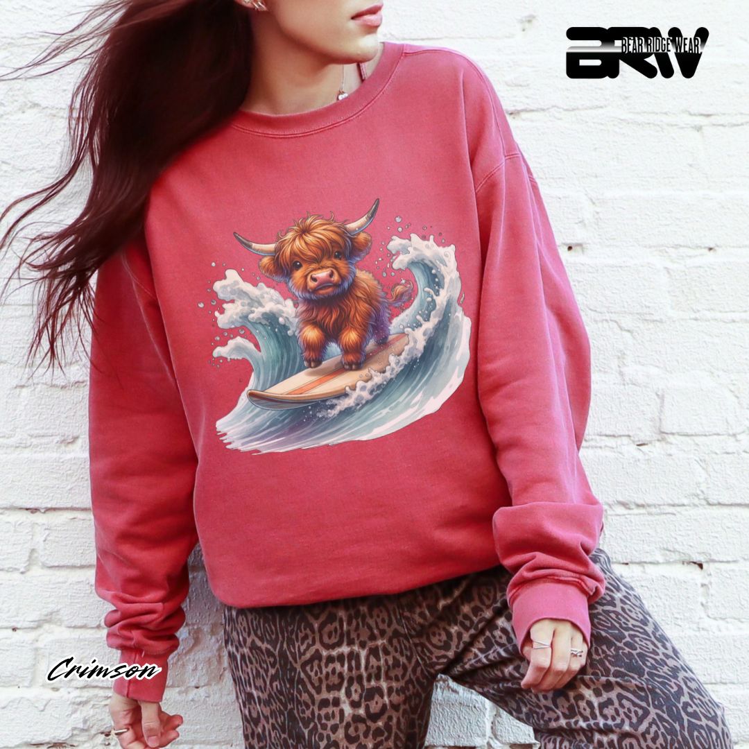 'Highland Cow-Surfing' Summer Crewneck Sweatshirt