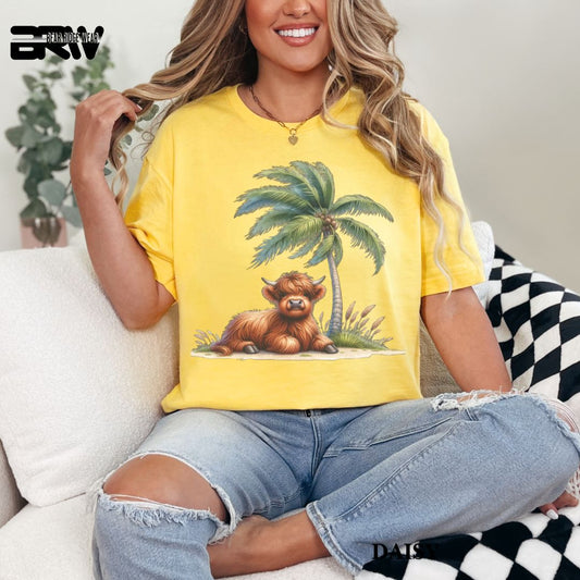 'Highland Cow-Palm Tree'  Summer Tee