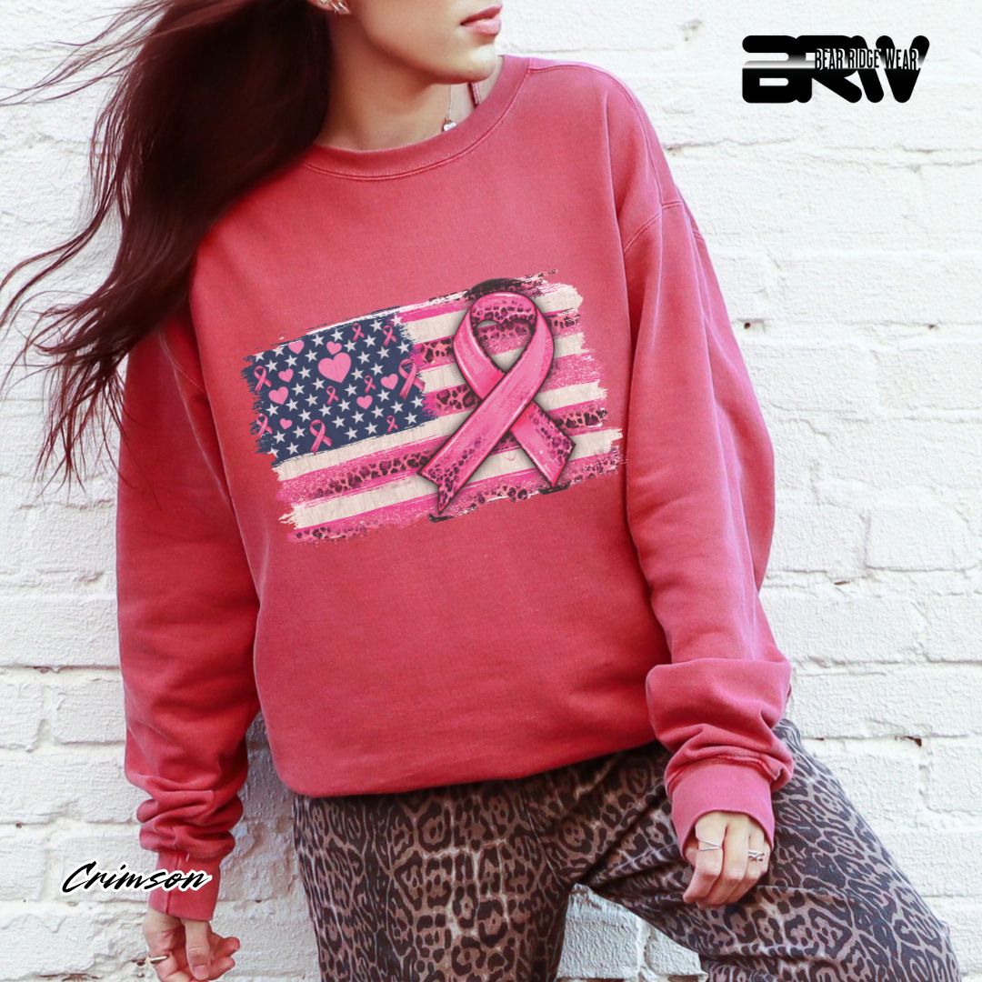 'USA Flag With Pink Ribbon' Awareness Long Sleeve Tee