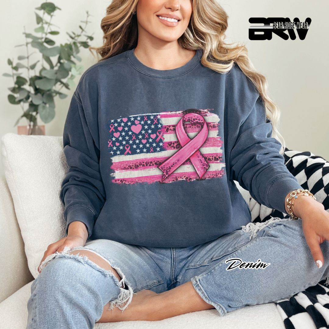 'USA Flag With Pink Ribbon' Awareness Long Sleeve Tee