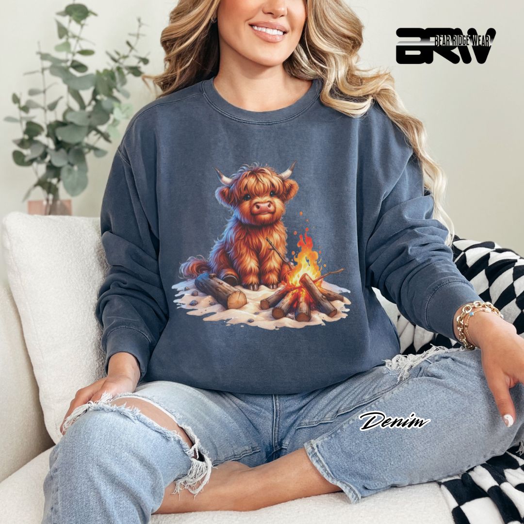 'Highland Cow-Bonfire' Black Summer Long Sleeve Tee