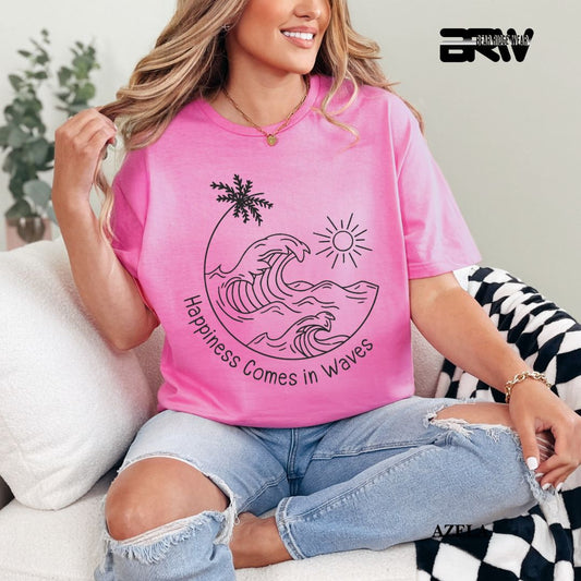 'Happiness Comes In Waves' Black Color Summer Tee