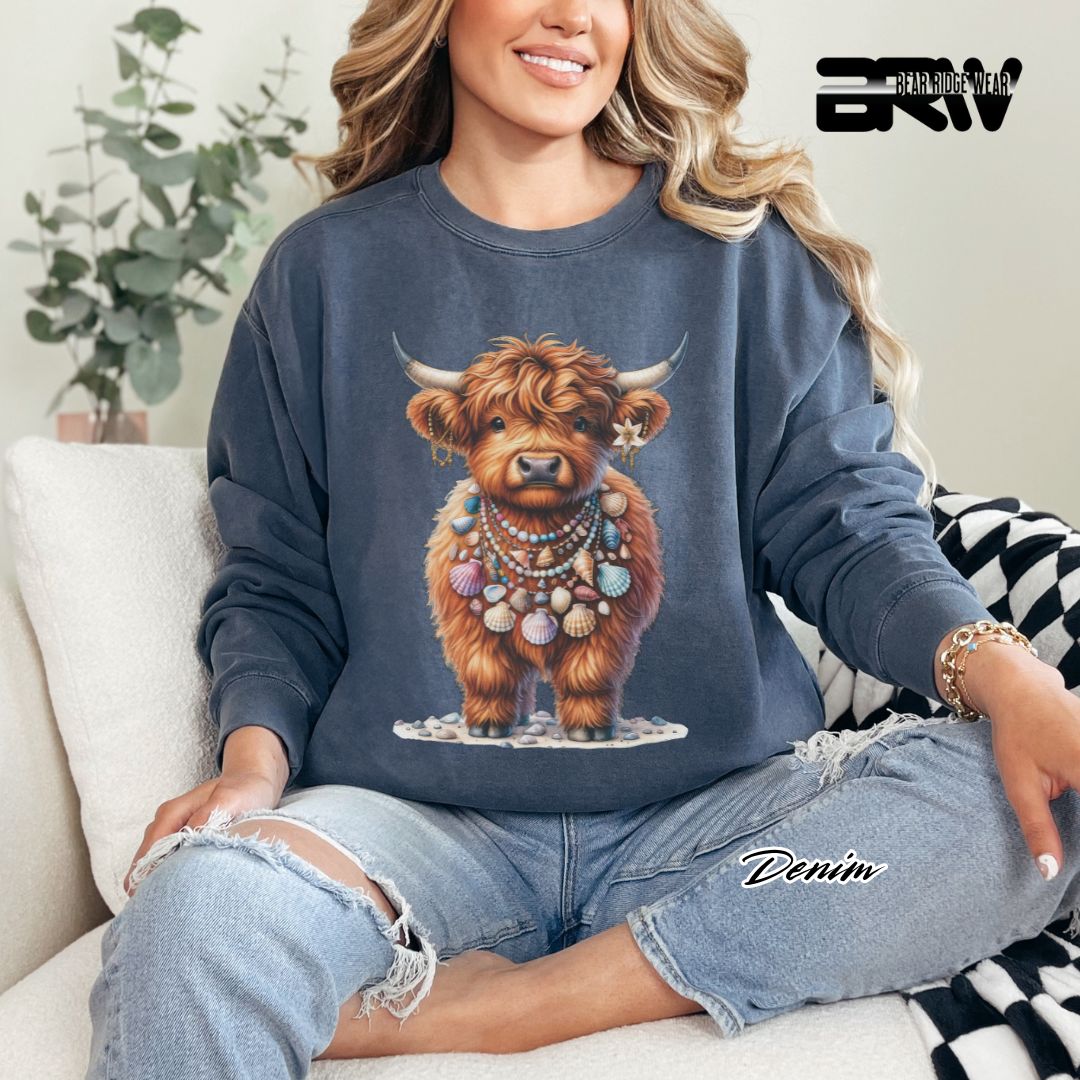 'Highland Cow-Lei-Sea Shells' Summer Crewneck Sweatshirt