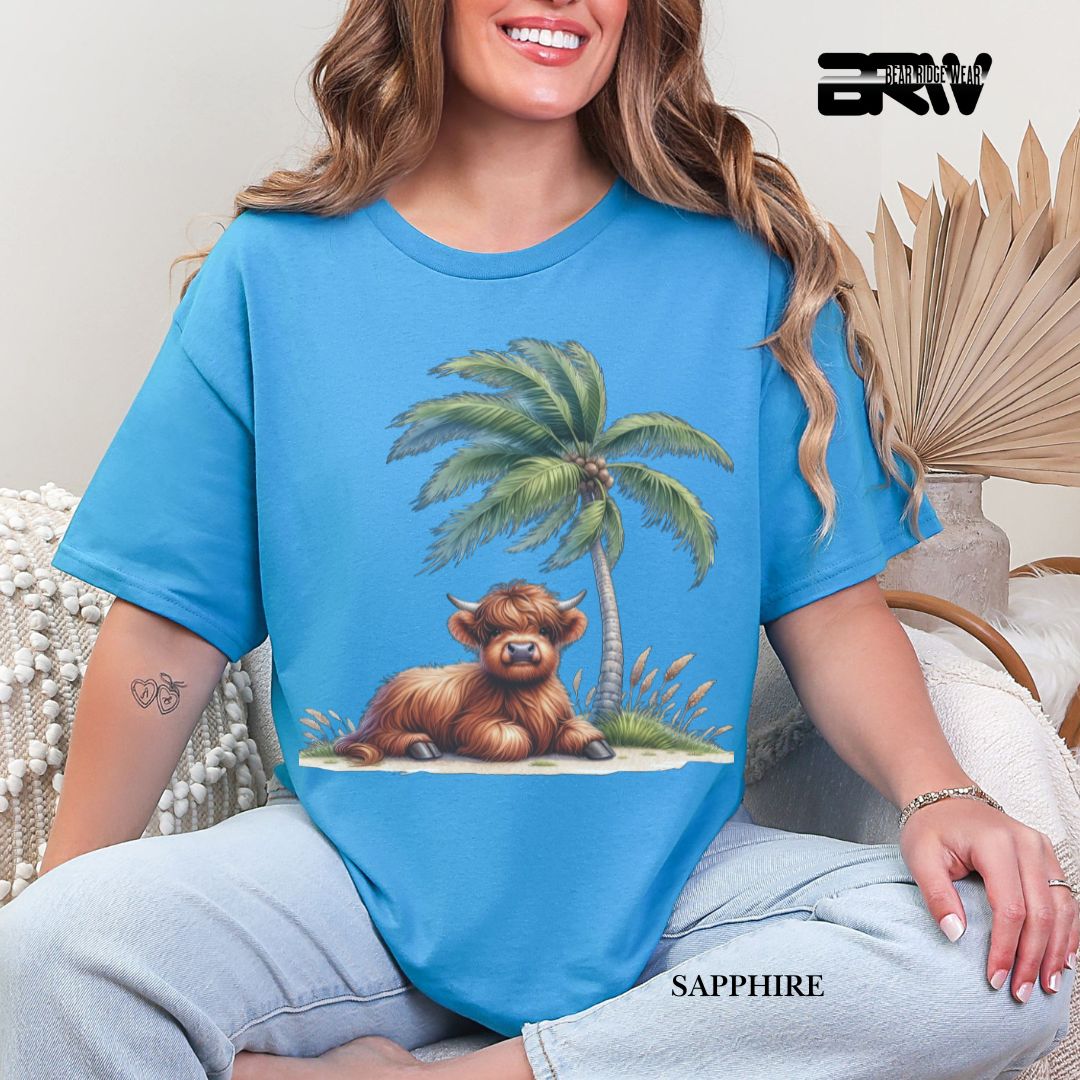 'Highland Cow-Palm Tree' 3 Summer Tee