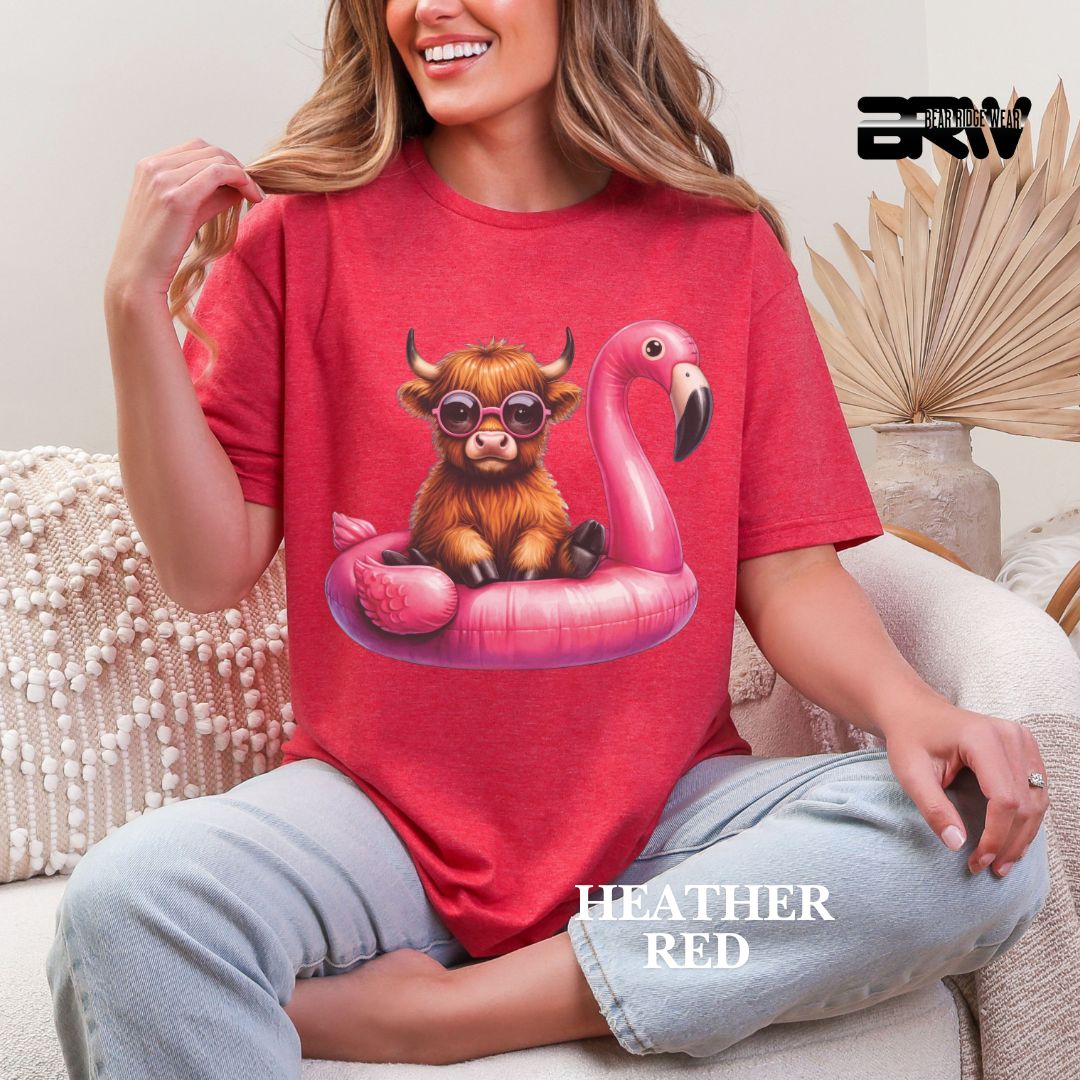 'Highland Cow- Flamingo Float' 2 Summer Tee