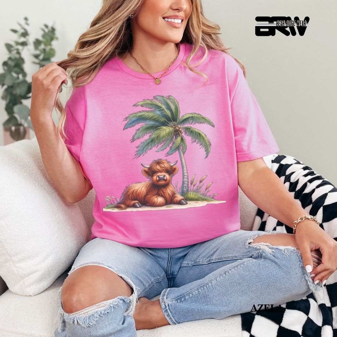 'Highland Cow-Palm Tree'  Summer Tee