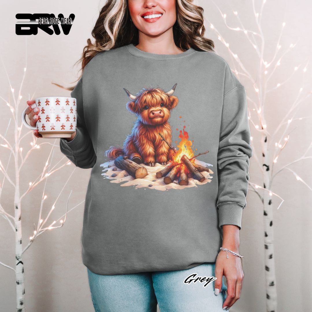 'Highland Cow-Bonfire' Black Summer Long Sleeve Tee