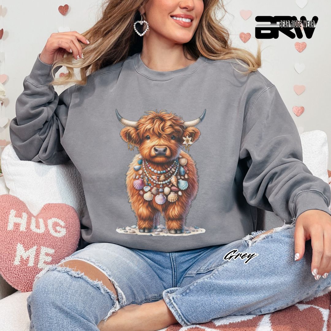 'Highland Cow-Lei-Sea Shells' Summer Crewneck Sweatshirt