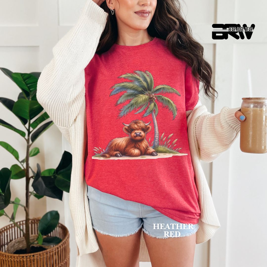 'Highland Cow-Palm Tree' 2 Summer Tee