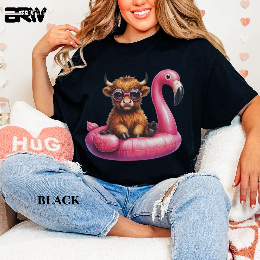'Highland Cow-Flamingo Float'  Summer Tee