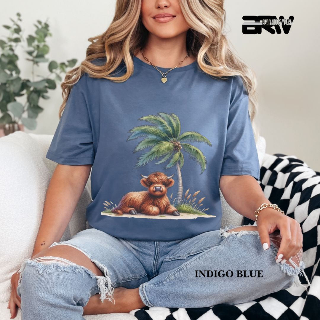 'Highland Cow-Palm Tree' 3 Summer Tee