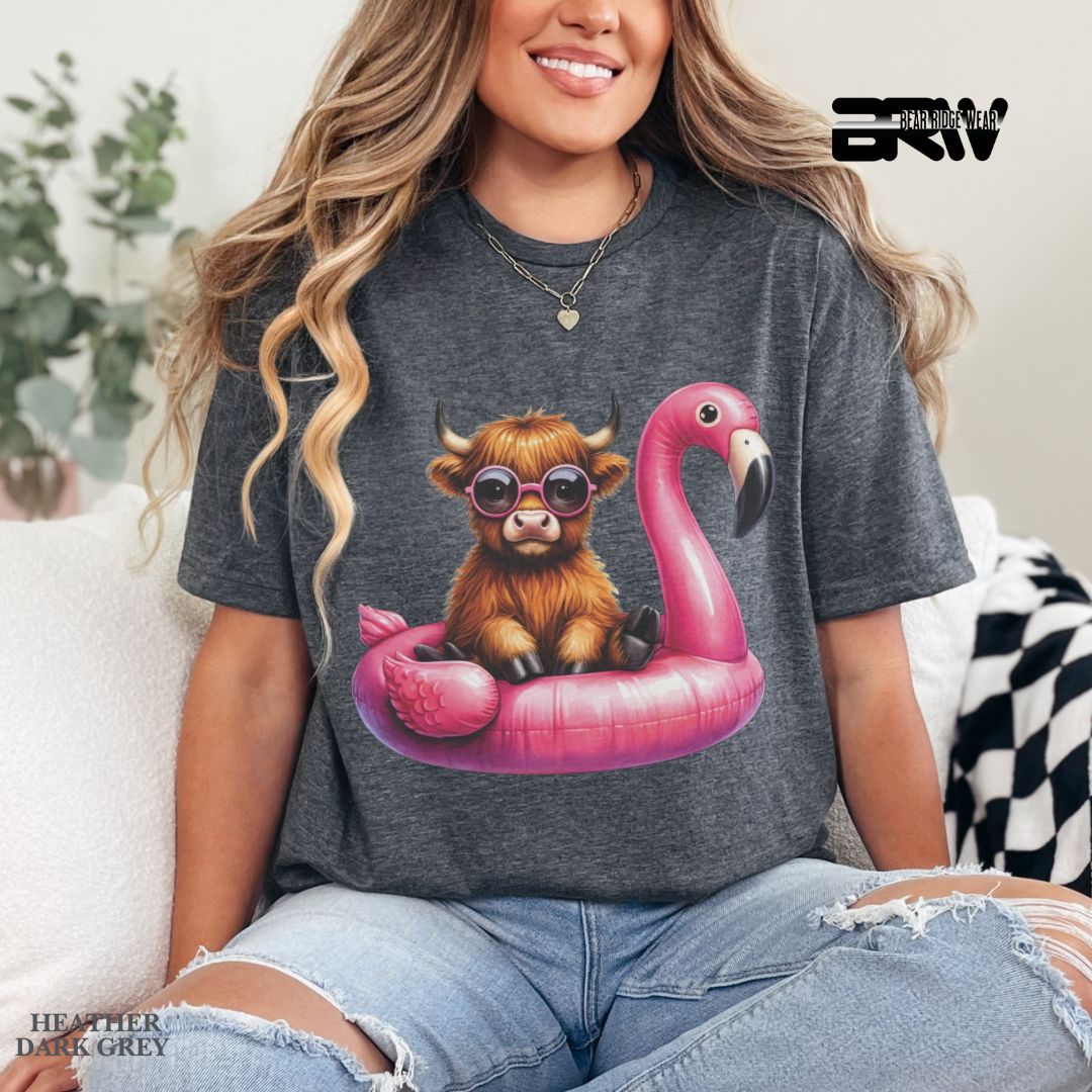 'Highland Cow- Flamingo Float' 2 Summer Tee