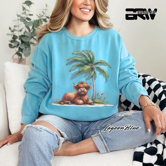 'Highland Cow-Palm Tree' Summer Crewneck Sweatshirt