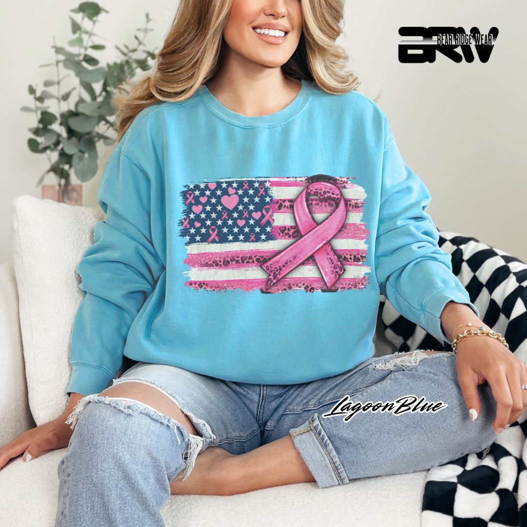 'USA Flag With Pink Ribbon' Awareness Long Sleeve Tee