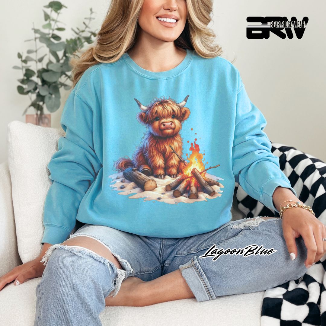 'Highland Cow-Bonfire' Black Summer Long Sleeve Tee