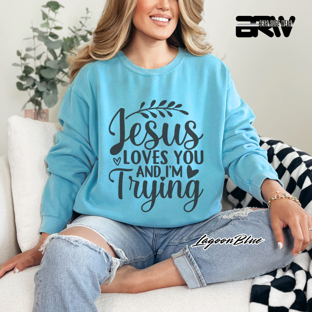 'Jesus Loves You And I'm Trying' Faith Crewneck Sweatshirt