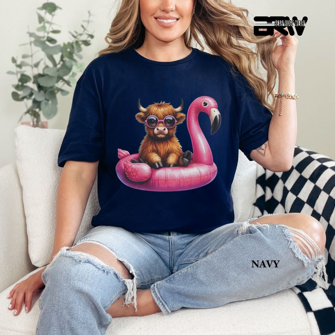 'Highland Cow- Flamingo Float' 3 Summer Tee