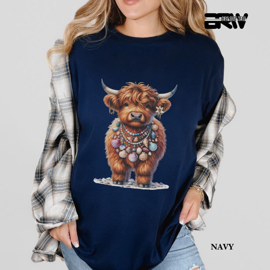 'Highland Cow-Lei Sea Shells' 3 Summer Tee