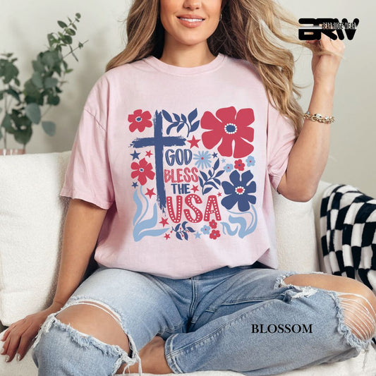 God Bless The USA-Cross Flowers- Patriotic Tee