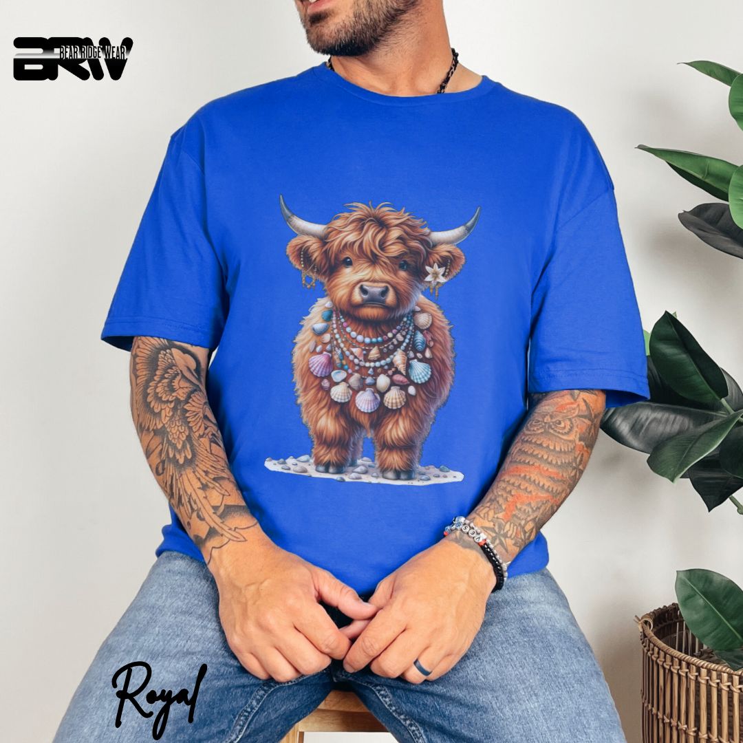 'Highland Cow-Lei Sea Shells' Summer T- Shirt