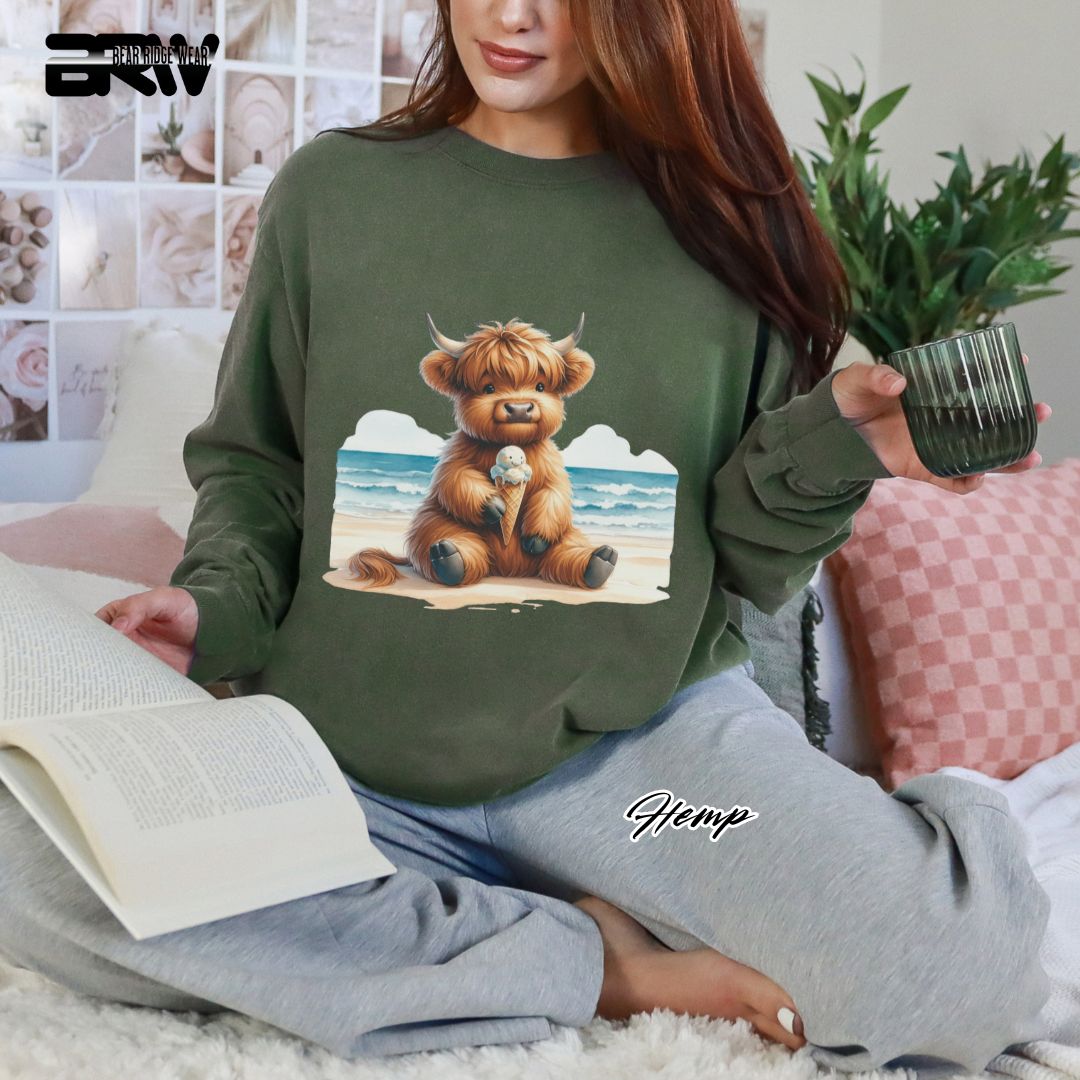 'Highland Cow Beach-Ice Cream' Summer Long Sleeve Tee