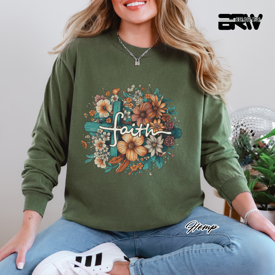 'Faith With Cross and Flowers' Faith Long-Sleeve Tee
