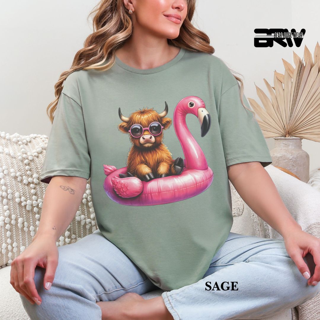 'Highland Cow- Flamingo Float' 3 Summer Tee
