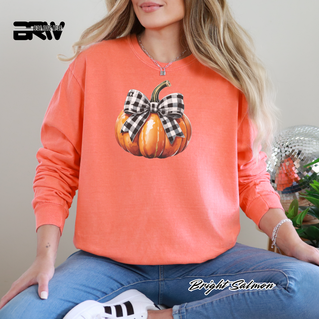 Person wearing a bright salmon-colored sweatshirt with a pumpkin design and plaid bow, sitting on a chair.