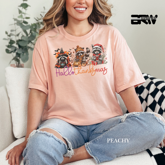 HALLOTHANKSMAS RACCOONS TEE FOR PUMPKIN, HALLOWEEN AND FALL FESTIVAL