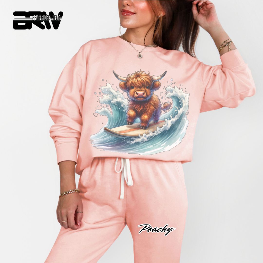 'Highland Cow-Surfing' Summer Crewneck Sweatshirt