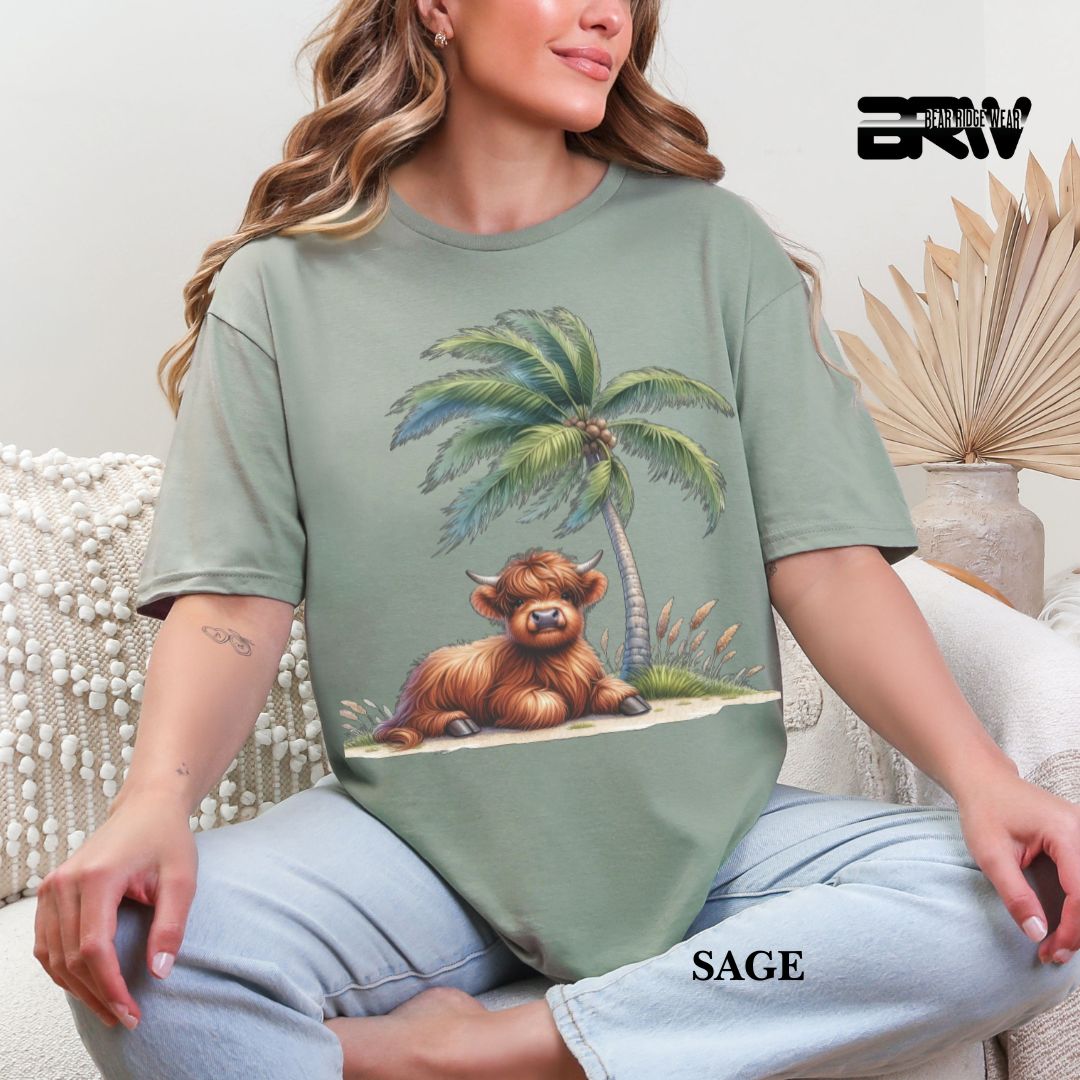 'Highland Cow-Palm Tree' 3 Summer Tee