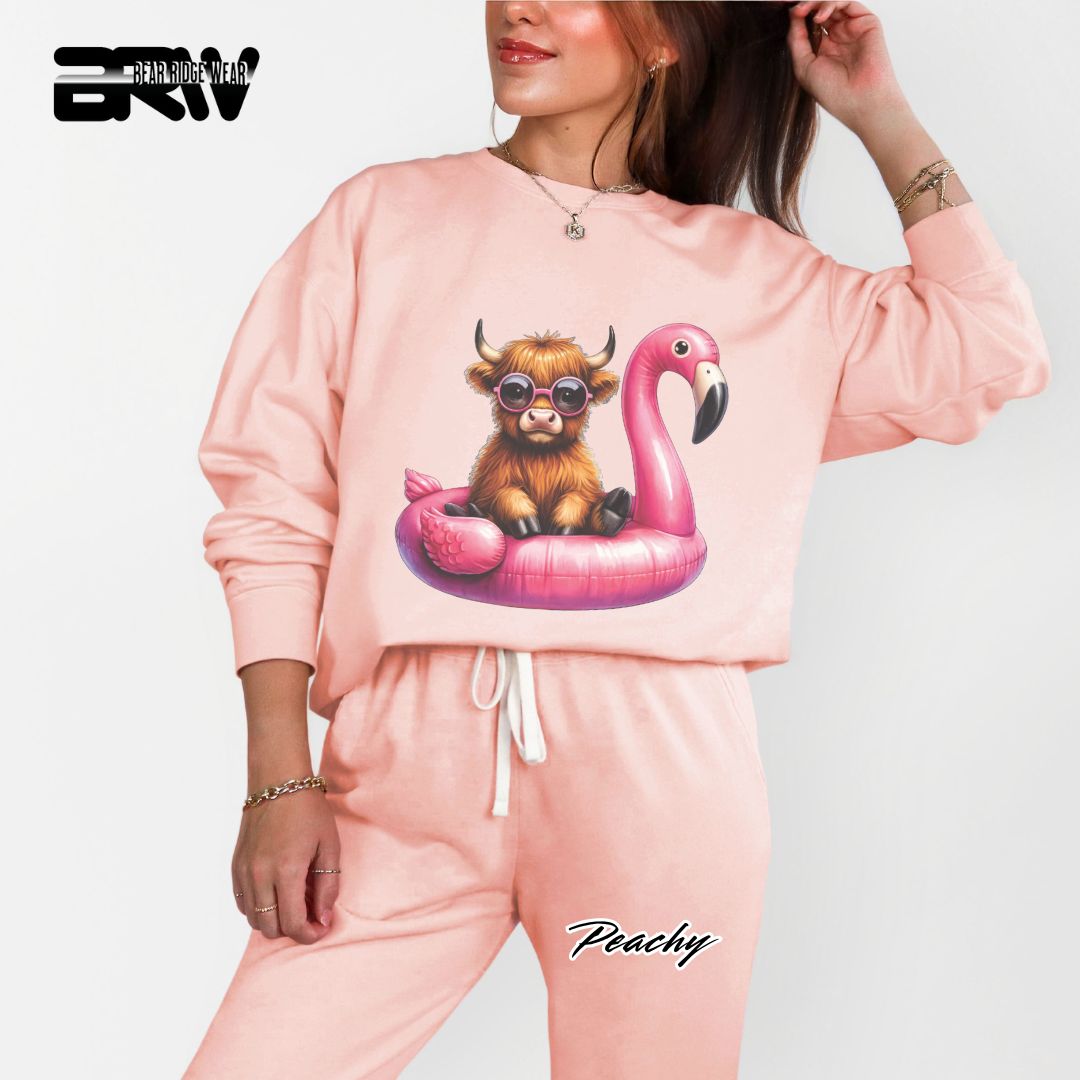 'Highland Cow-Flamingo Float'  Summer Crewneck Sweatshirt