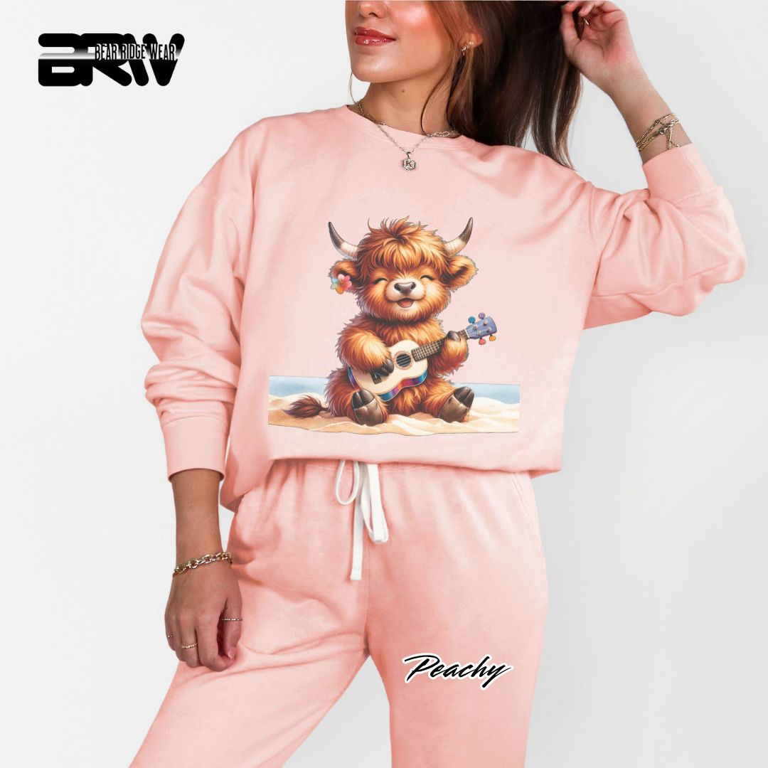 'Highland Cow-Beach-Guitar' Summer Crewneck Sweatshirt