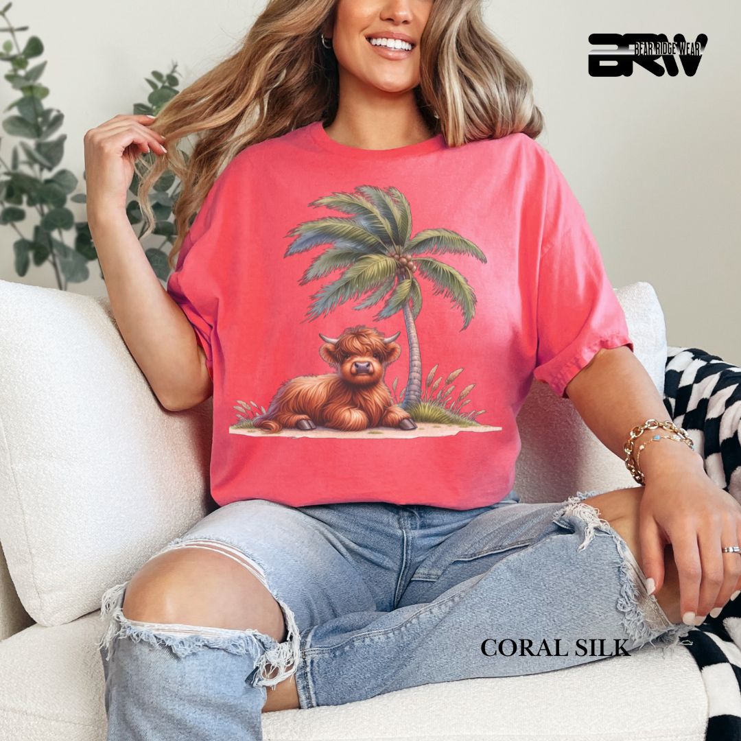 'Highland Cow-Palm Tree'  Summer Tee