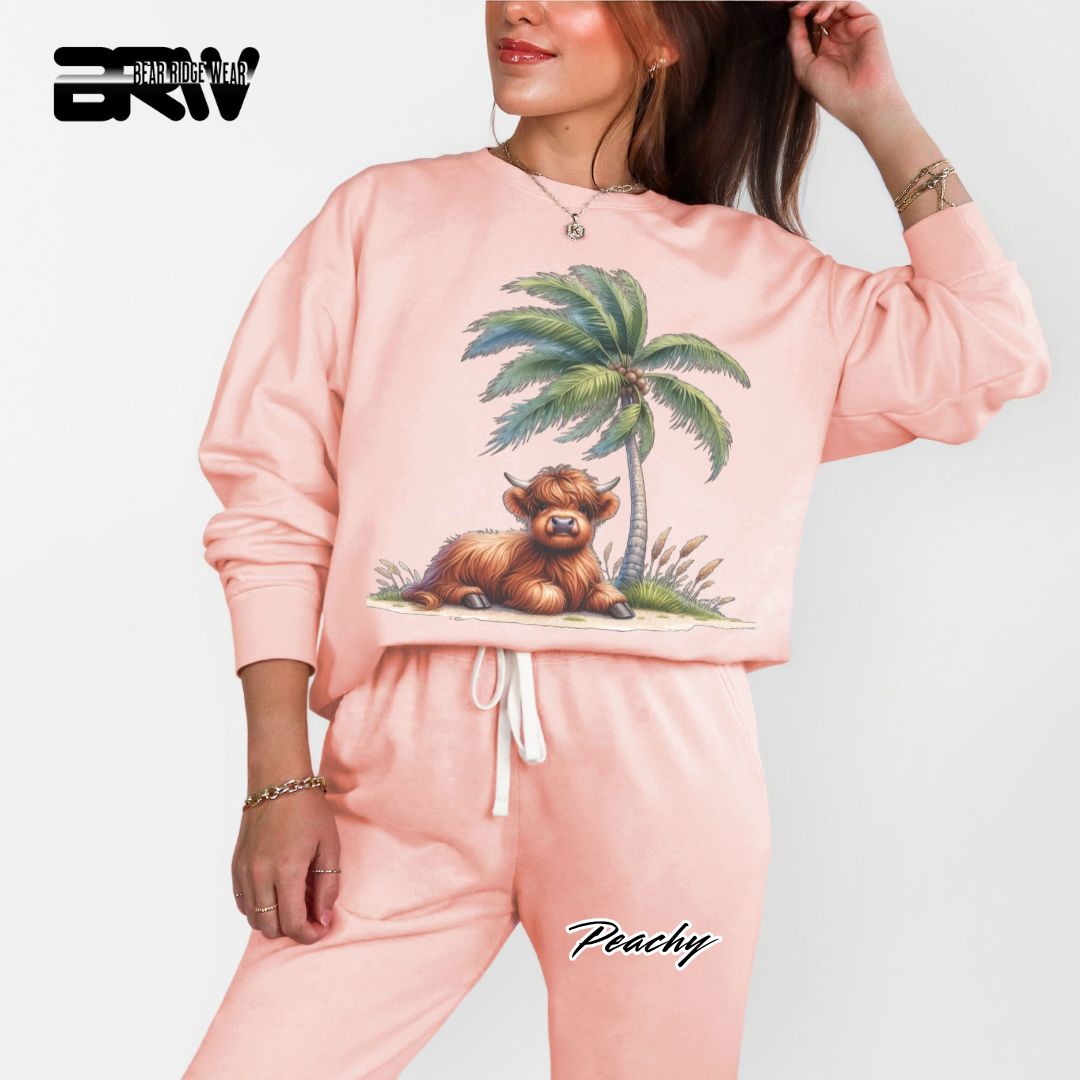 'Highland Cow-Palm Tree' Summer Crewneck Sweatshirt
