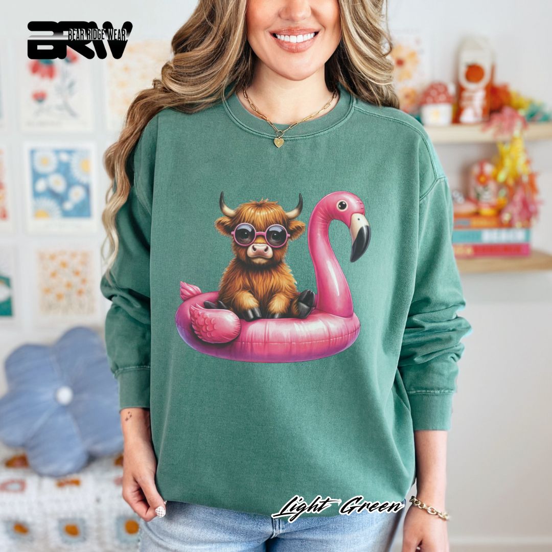 'Highland Cow-Flamingo Float'  Summer Crewneck Sweatshirt
