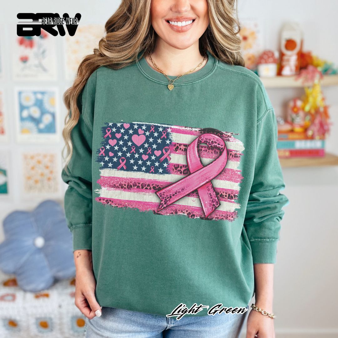 'USA Flag With Pink Ribbon' Awareness Long Sleeve Tee