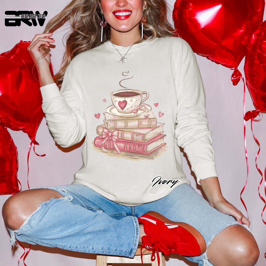 'Coffee on top of the books' Long Sleeve Tee