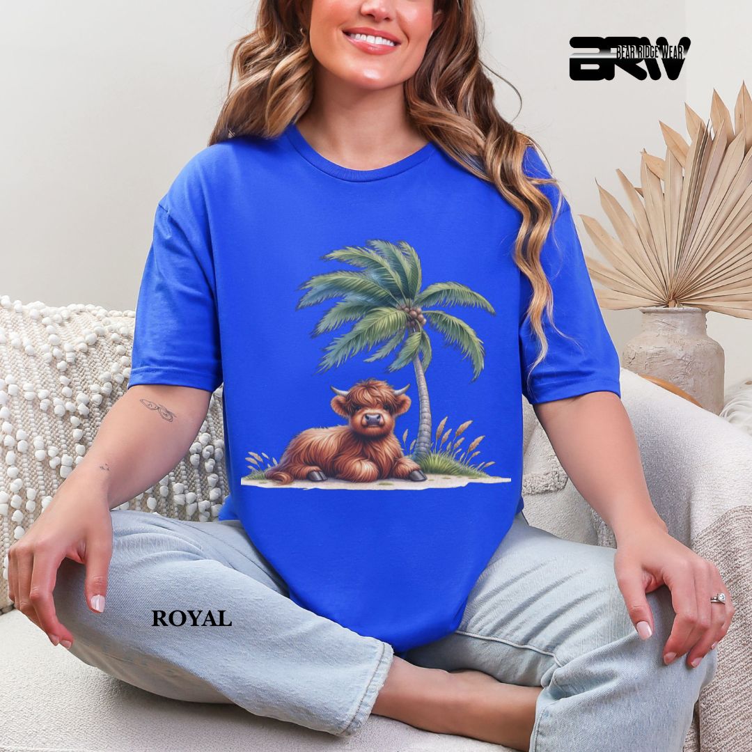 'Highland Cow-Palm Tree' 3 Summer Tee