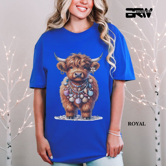 'Highland Cow-Lei Sea Shells' 3 Summer Tee