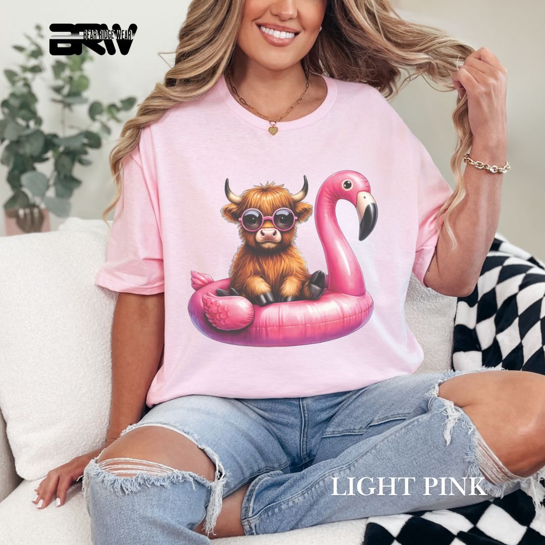 'Highland Cow- Flamingo Float' 2 Summer Tee