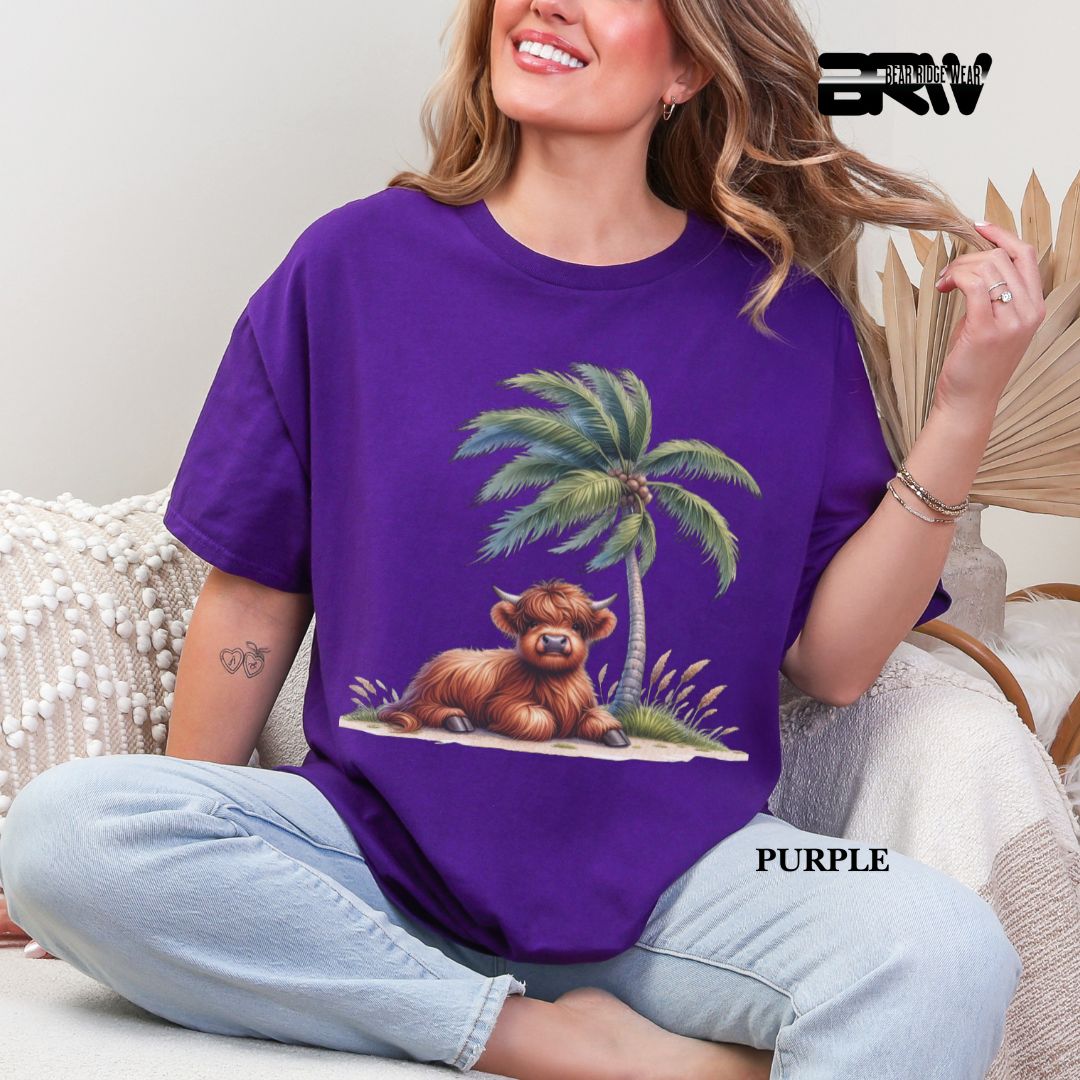 'Highland Cow-Palm Tree' 3 Summer Tee