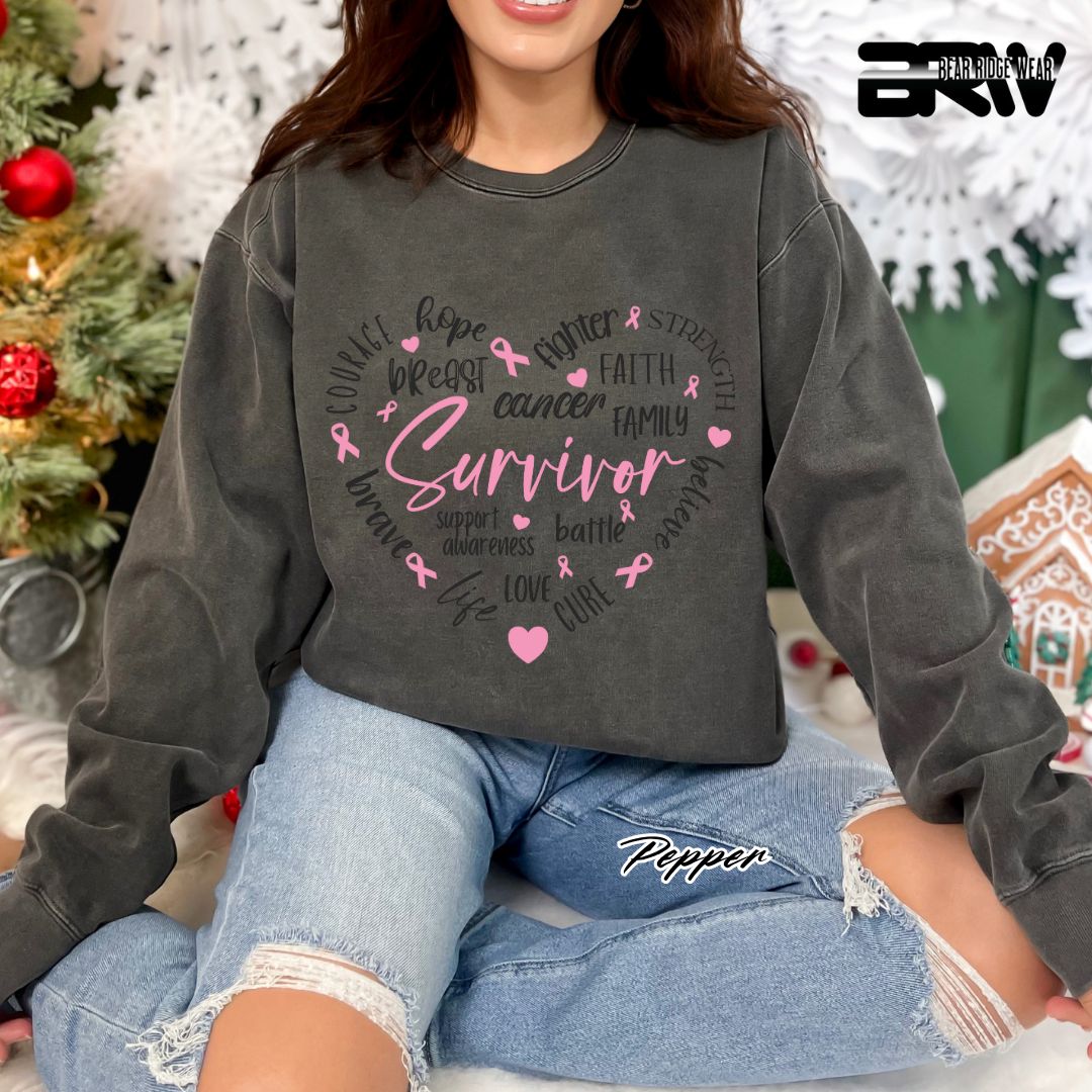 'Survivor Inside Heart Shape Texts' Awareness Long Sleeve Tee