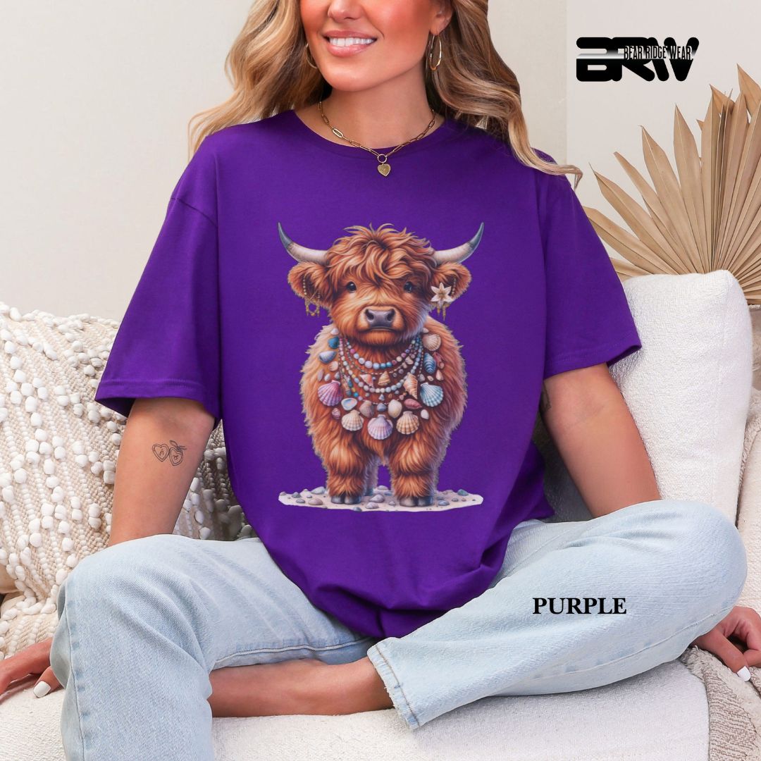 'Highland Cow-Lei Sea Shells' 3 Summer Tee