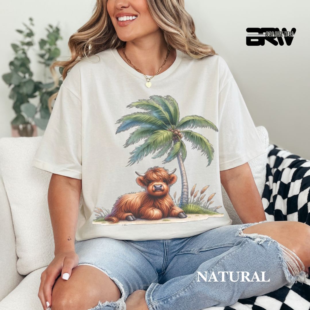 'Highland Cow-Palm Tree' 2 Summer Tee